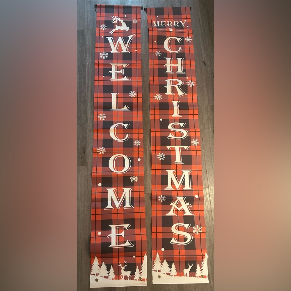 Merry Christmas & welcome Banner,2- 70 x 12 banners, 
Buffalo Plaid,Porch Sign